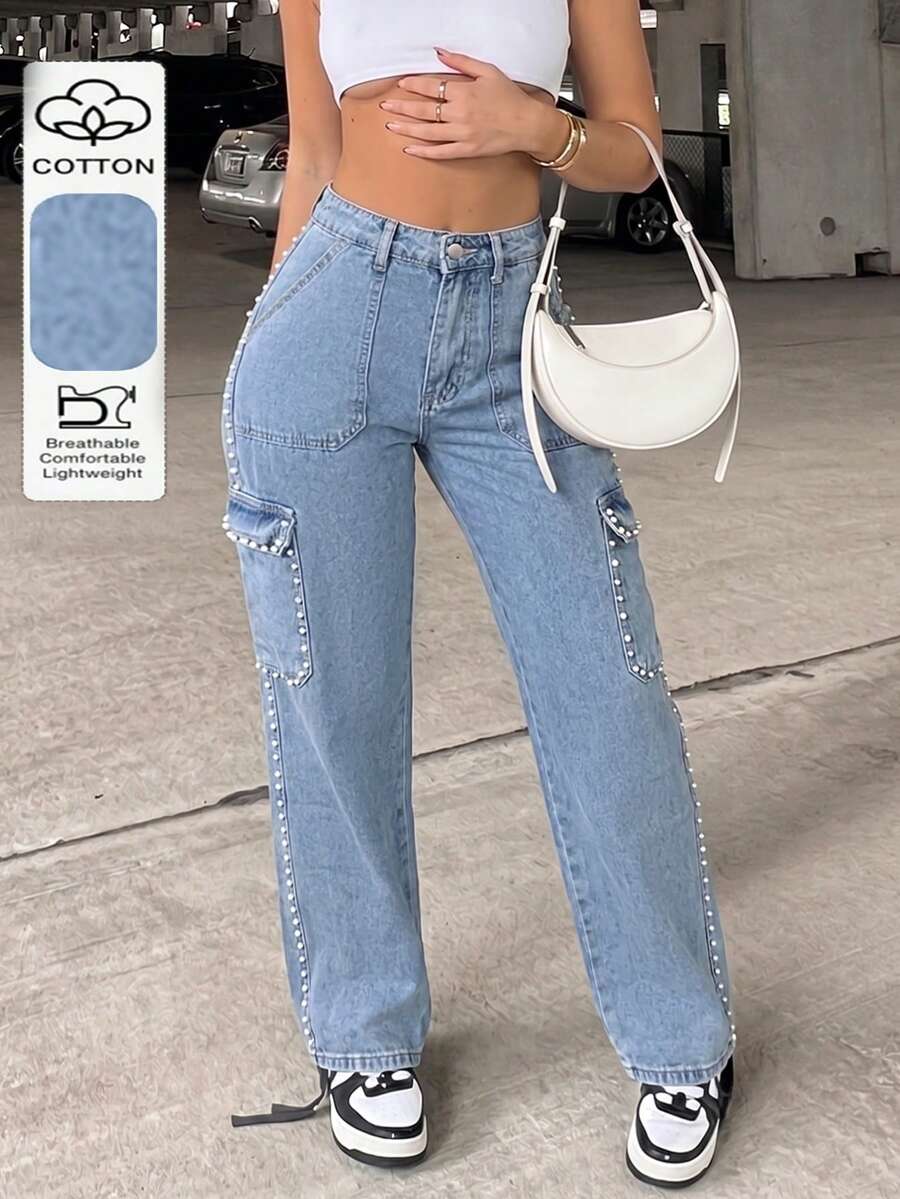 Long Straight Leg Jeans With Button Detail, Non-Stretch Fabric With ...