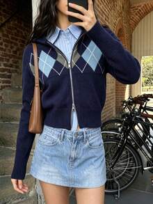 Women's Collegiate Style Argyle Knit Zip-Up Cardigan Sweater, Suitable For Autumn Casual Style, Medium Stretch Regular Length Pullover - Navy Blue - View 3