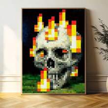 1pc Unframed Pixel Art Skull Canvas Poster - Retro Game Style Wall Arts Decoration, Red Orange Yellow Black Flame Design, For Halloween, Living Room, Office Decor, Gothic Home Decor - 222 - View 4