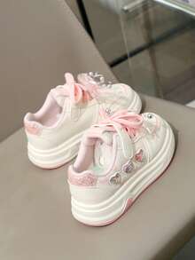 Children's Dreamy Color Rhinestone Princess Style Breathable Non-Slip Wear-Resistant Design Super Cool Versatile All-Season Chunky Sneakers - Pink - View 3