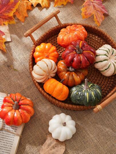 9pcs Multicolor Foam Artificial Pumpkins Decor, Realistic Simulation Fake Fruit Vegetable Pumpkin Models, Fall Photo Props, Small Decorative Pumpkins Ornaments For Halloween, Thanksgiving Harvest Festival, Farm Home Table Tiered Tray Decorations