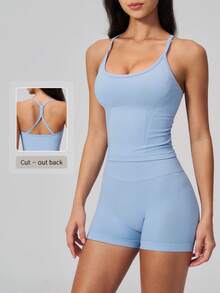 NcmRyu Women's One Set Solid Color U-Neck Spaghetti Strap Y-Shaped Criss-Cross Back Ribbed High Waist Shorts Sports Set - Baby Blue - View 11