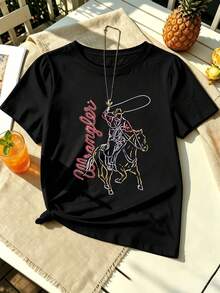 Women's Western Style Denim T-Shirt, Made Of Soft Cotton, Casual, Comfortable, Durable And With An Eye-Catching Print. - Black - View 2