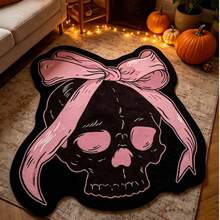 1 pieza Alfombra de calavera dulce negra & rosa, Halloween, alfombra decorativa, decoración de dormitorio, alfombra pequeña, alfombra, decoración del hogar, alfombra de sala de estar, alfombra pequeña de sala de estar, alfombra de dormitorio, decoración del hogar de sala de estar, alfombra de exterior, alfombra lavable - Multicolor - Ver 3
