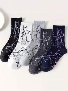 5 Pairs Lightning Pattern Mid-Calf Socks, Unisex, INS Street Style, Breathable, Versatile, Sports Casual - Multicolor - View 8