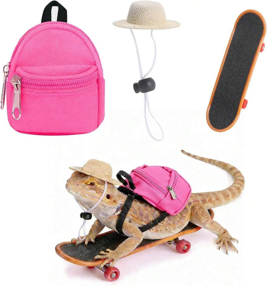HAEZU Bearded Dragon Clothes Lizard Toy - Mini Hat,Skateboard,Backpack Gifts For Reptiles Pet - Cute Bearded Dragon Costume Accessories For Lizard Iguana Reptiles Small Animals (Rose Red) - ColorL - View 1