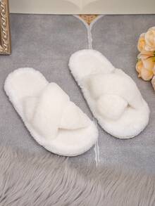Women's Cross Fashion Fuzzy Slippers, Comfortable Winter White Indoor House Slippers - White - View 7
