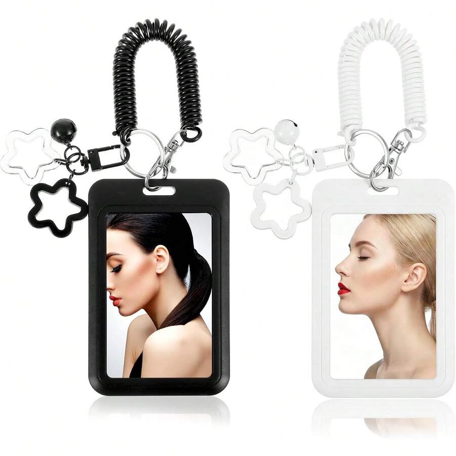2pcs Star Bell Photo Card Holder Keychain With Spring, PVC Material Photo Card Holder Keychain, 4.33x2.67 Inch Idol Photo Display Storage Holder, ID Card Protector With Star Bell Pendant - Black White - View 1