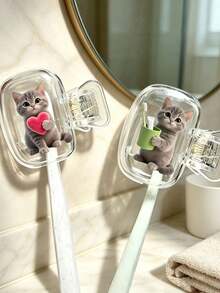 2D Flat Cute Cat-Shaped Toothbrush Travel Storage Box Set, Suitable For Daily Home And Business Travel, As Well As Outdoor Travel And Other Occasions, Essential Bathroom Supplies. Specially Designed Protective Cover For Toothbrushes, Not Only Keeps Toothbrushes Clean But Also Takes Care Of Oral Health. Essential Travel Toothbrush Protective Cover - Multicolor - View 1