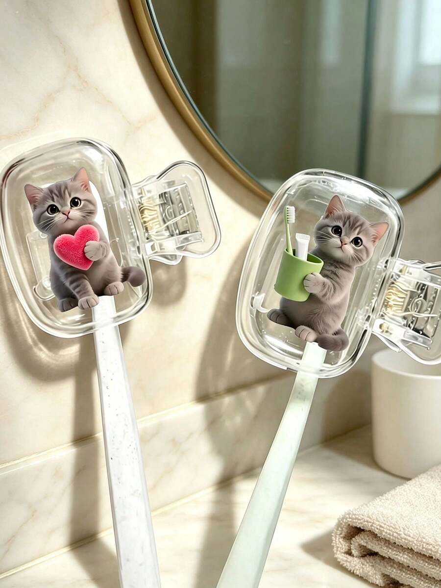 2D Flat Cute Cat-Shaped Toothbrush Travel Storage Box Set, Suitable For Daily Home And Business Travel, As Well As Outdoor Travel And Other Occasions, Essential Bathroom Supplies. Specially Designed Protective Cover For Toothbrushes, Not Only Keeps Toothbrushes Clean But Also Takes Care Of Oral Health. Essential Travel Toothbrush Protective Cover - Multicolor - View 1