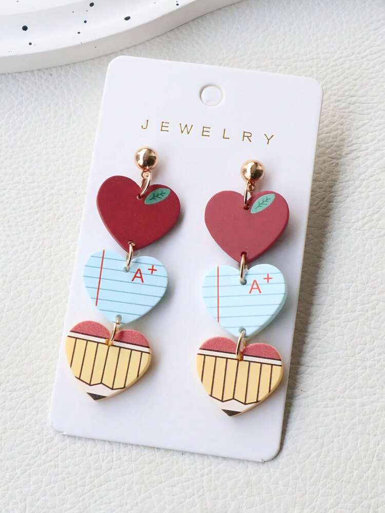 1 Pair Teacher's Day/Back To School/Graduation Season Acrylic Soft Clay Painted Earrings, Heart Print Apple Laptop A+ Pencil Earrings, Holiday Party Style - Multicolor - View 2