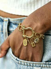 1pc Elegant Letter Bracelet With Horseshoe Buckle And Evil Eye Pendant, High-End Vintage, Suitable As A Beautiful Holiday Gift For Women - Gold - View 8