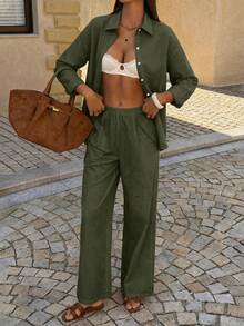 PoPoHouse 女款秋季兩件套 純色棉質休閒長袖領口襯衫上衣與寬鬆寬腿長褲 優雅 - 軍綠色 - 查看 5