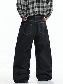 Justice Brother 1pc Hong Kong Style Graphic Print Men's Loose Wide Leg Denim Jeans, All Season Versatile Long Pants (Belt/Accessories Not Included) - Black - View 2