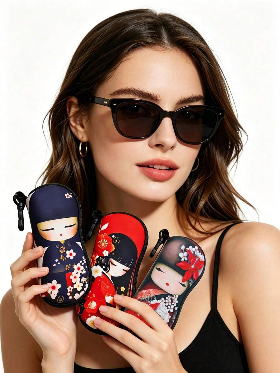1件娃娃拉鍊眼鏡盒,可愛日系女孩紅色和服設計,潛水布防水眼鏡收納袋附鑰匙圈,輕便可攜旅行眼鏡袋,通用尺寸適用於所有類型的眼鏡 - 彩色 - 查看 1