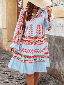 Women's Bohemian Style A-Line Short Shirt Dress, Collar Long Sleeve, Button Front, Ruffle Hem - Multicolor - View 1
