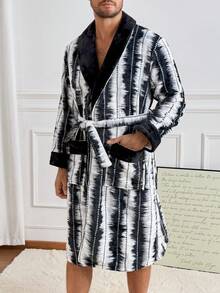 Men's Striped Casual Thermal Lined Open Front Robe With Belt, Shawl Collar, Loose Fit, British Gentleman Style Flannel Loungewear, Autumn/Winter - Dark Grey - View 7