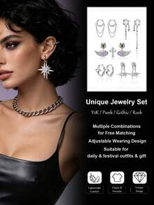 Xiacheng 3/5 Pasang Anting Gantung Salib Bintang Perak untuk Wanita dan Remaja, Anting Gantung Panjang dengan Rumbai, Anting Gantung Berkilau Rhinestone Unik Gaya Y2K - MultiWarna - View 2