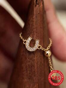 1pc S925 Sterling Silver Full Rhinestone Horseshoe Pull Chain Adjustable Ring, Luxury Personalized Elegant Niche Exquisite Fashion Cool High-End Versatile Ins Geometric U-Shaped Index Finger Link Ring, Japanese Party Gift - U-shaped - View 4