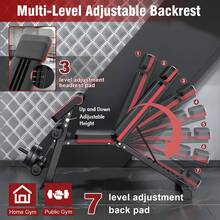 7-Level Incline Decline Foldable Weight Bench, Adjustable Dumbbell Bench With Leg Extension & Headrest, Full Body Strength Training Equipment - Black With Red Trim - View 7