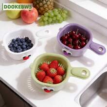 1/3pcs Double Layer Colander With Handle, Mini Cute Stackable Fruit Strainer (With 3D Cartoon Stickers), Thickened 2-In-1 Design, Multi-Functional Use, Available In White, Green, Purple, Perfect For Home Fruit Washing And Fruit Platter - One Size - View 2