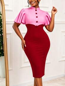 AOMEI Elegant Charming Women's Pink And Red Color Block Flutter Sleeve Fitted Bodycon Dress For Birthday Party And Formal Evening Event Wedding - Pink - View 3