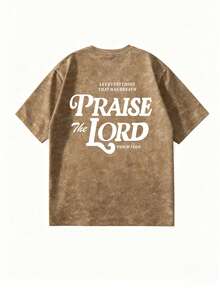 1pc Men's Brown Vintage PRALSE THE LORD Print Washed Short Sleeve T-Shirt, Suitable For Summer, Comfortable And Breathable, Fashion Forward - Brown - View 3