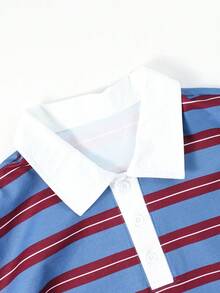 Teen Girls Striped Polo Shirt, Blue & Red Contrast White Collar, Loose Fit, Casual College Style, Long Sleeve Pullover Top, Spring/Autumn - Blue - View 8