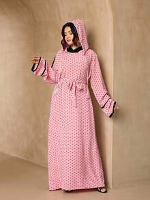 時尚百搭波點連帽長款罩衫 2 件組 女款優雅柔軟 Abaya 外罩長袍 + 腰帶套裝 防曬穆斯林服飾披肩 - 粉色 - 查看 4