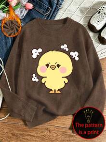 Women's Plus Size Casual Faux Knit Top, Printed With "Angry Little Yellow Chicken" Pattern, Round Neck Long Sleeve (Autumn/Winter) - Brown - View 1