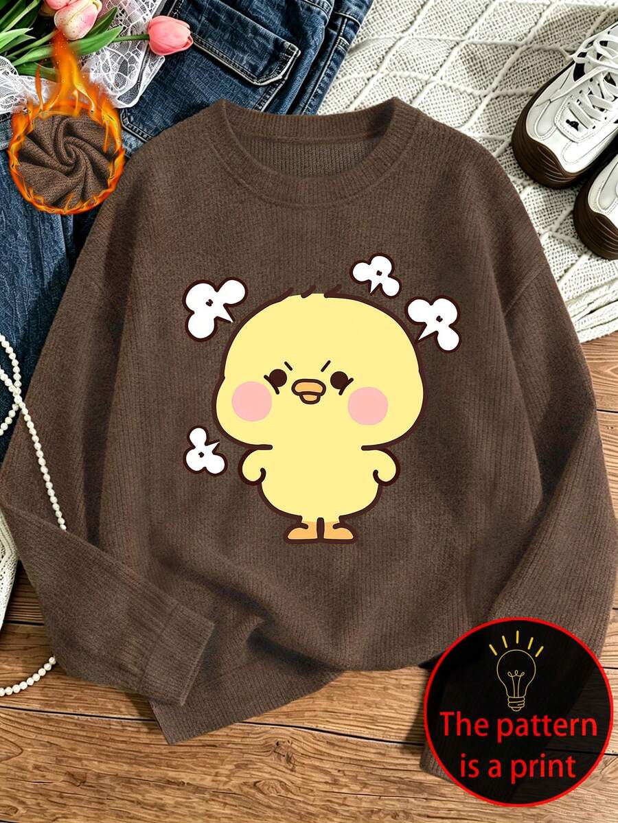 Women's Plus Size Casual Faux Knit Top, Printed With "Angry Little Yellow Chicken" Pattern, Round Neck Long Sleeve (Autumn/Winter) - Brown - View 1