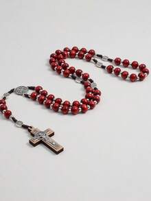1pc Handmade Red Rosary Necklace, Vintage St. Benedict Cross Pendant Necklace, Christian Gift, Handwoven Necklace - Brownish Red - View 4