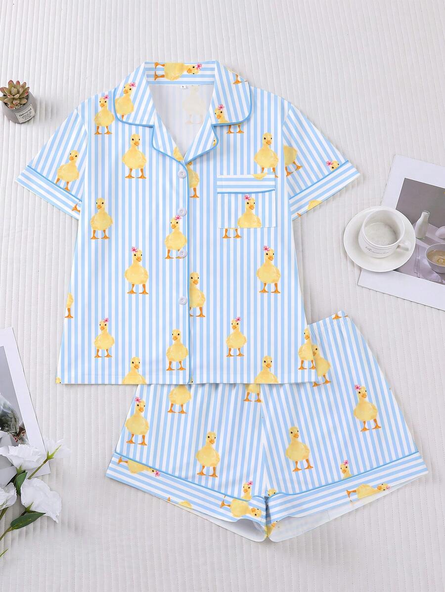 2pcs/Set Women's Pajama Set, Little Duck Print, Women's Loungewear, Spring/Summer Holiday Outfit, Short Sleeve Top And Shorts Set - Blue - View 1