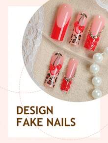 12pcs French Style Nail Stickers, Rectangular, 3D Line Art, Leopard Print Decor, Red Bow And Rhinestone Design, Smooth Surface, Full Coverage Fake Nails, Suitable For Women And Girls Daily Wear - Multicolor - View 3