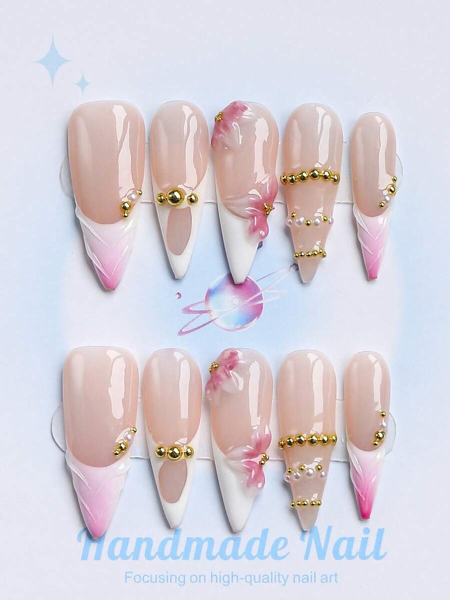 10PCS-Handmade Press On Nails, Long Pointed Shape, Fake Nails, Y2K Style, Sturdy, Reusable, White, Paired With French Style, 3D Design, Suitable For Daily Wear, Parties, Vacations, And Also The Best Holiday Gift For Girls And Women. - White - View 1