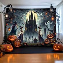 1pc Dark Castle Halloween Background Banner, Full Moon Cemetery Dark Fairy Tale Style, Castle, Dead Trees, Flying Bats, Floating White Ghosts Surrounding, Witch, Suitable For Halloween Party Decoration, Holiday Party Decoration, Etc. - A - View 6