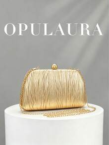 OpulAura 復古奢華手拿包，金色 PU 皮革亮面百褶設計時尚派對包，正式派對手拿包，高端方型小包，適合派對/婚禮/正式場合晚宴女士包，附鏈條 - 金色 - 查看 2