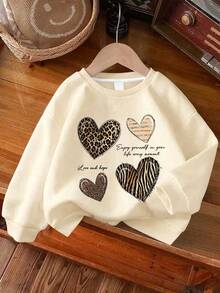 2pcs/Set Girls Leopard Print Denim Heart Print Crew Neck Sweatshirt + Flare Pants, Autumn/Winter Fashion Comfortable New Outfit - Multicolor - View 5