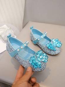 Girls' Rhinestone Princess Leather Shoes, Bow Lightweight Slip-On Shoes, Versatile For Spring/Autumn Daily Wear And Parties - Blue - View 1