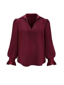 1pc Polyester Lace Patchwork Ruffle/Flounce Women's Blouse, Suitable For Daily Wear, Home, Holiday, All Seasons - Burgundy - View 4