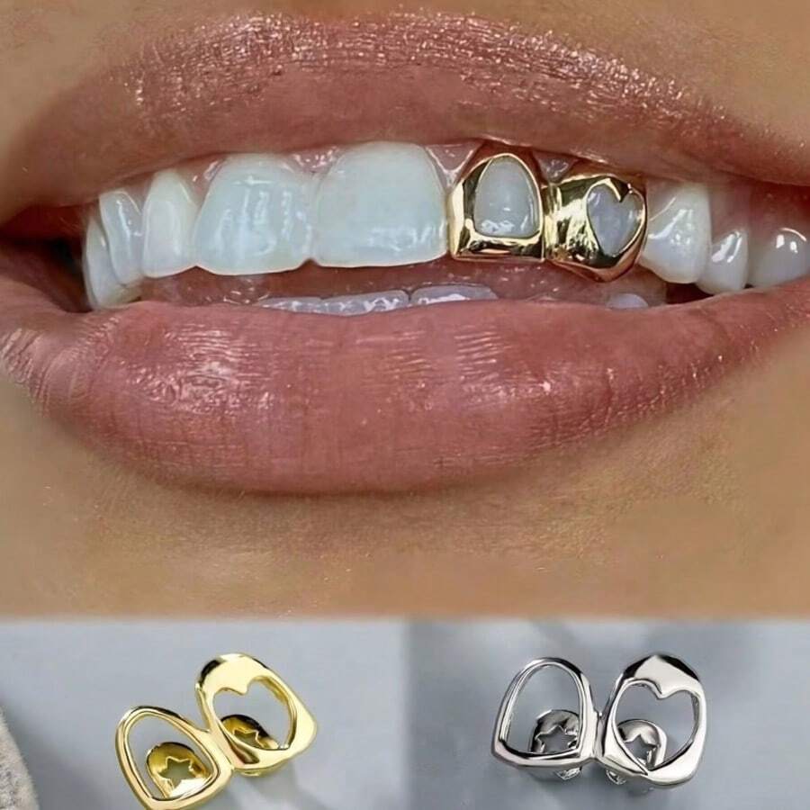 Double Row Teeth Grillz, Exquisite Heart Pattern, Y2K Hip-Hop Minimalist Style, Unisex Decorative Teeth Jewelry, Suitable For Daily Gatherings, Christmas, Halloween, Valentine's Day And New Year Parties, Teeth Cleaning Tool, Travel Toothbrush - Multicolor - View 1
