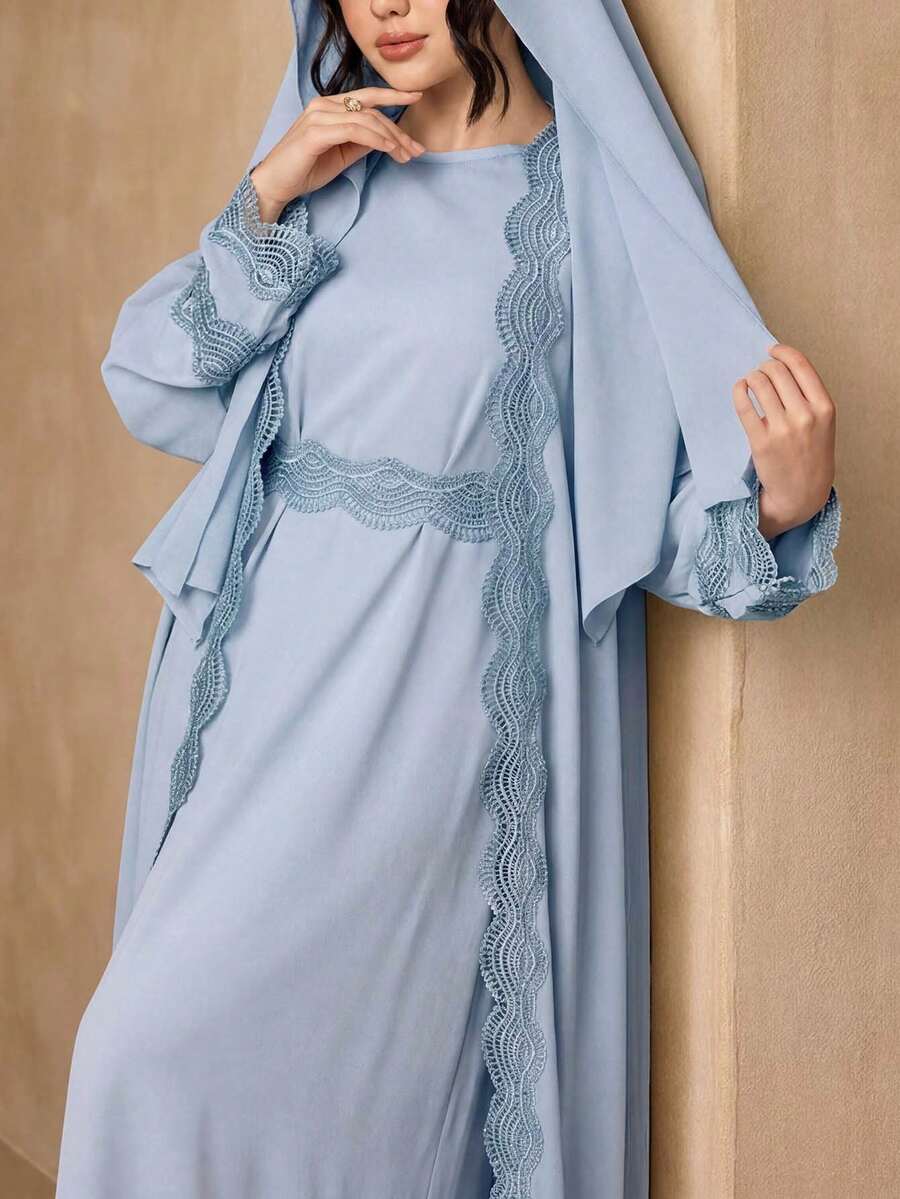 時尚百搭純色女款 4 件套優雅無袖長袍 + Abaya 開襟長袍 + 圍巾 + 蕾絲腰帶套裝,親膚柔軟防曬穆斯林服飾披肩 - 淺藍色 - 查看 1