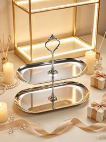 1pc Stainless Steel Oval Double Layer Cake Stand, Fruit Plate, Dessert Stand, Cake Stand, Oval Bread Plate, Cake Tower, Party Cupcake Display Tower, Dessert Display Stand, Suitable For Birthday, Party, Wedding, Afternoon Tea, Desktop Storage Rack, Multi-Layer Dessert Storage Rack, Gold And Silver Optional, Food Tray, Snack Tray, Cake Stand Tray - Silver - View 1