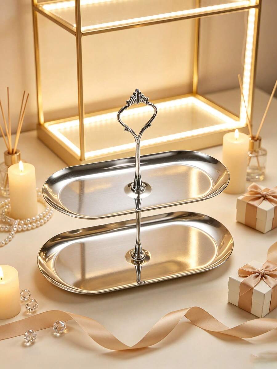 1pc Stainless Steel Oval Double Layer Cake Stand, Fruit Plate, Dessert Stand, Cake Stand, Oval Bread Plate, Cake Tower, Party Cupcake Display Tower, Dessert Display Stand, Suitable For Birthday, Party, Wedding, Afternoon Tea, Desktop Storage Rack, Multi-Layer Dessert Storage Rack, Gold And Silver Optional, Food Tray, Snack Tray, Cake Stand Tray - Silver - View 1