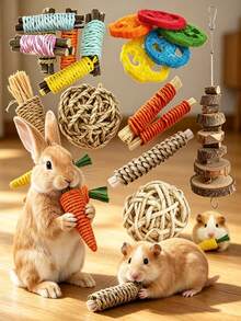 Happy Pet 兔子玩具/兔子/天竺鼠玩具,兔子咀嚼玩具,多件裝兔子玩具,手工咀嚼玩具,適用於天竺鼠、倉鼠、小型齧齒動物,生日禮物,節日禮物 14件/7件/3件套 - 查看 2