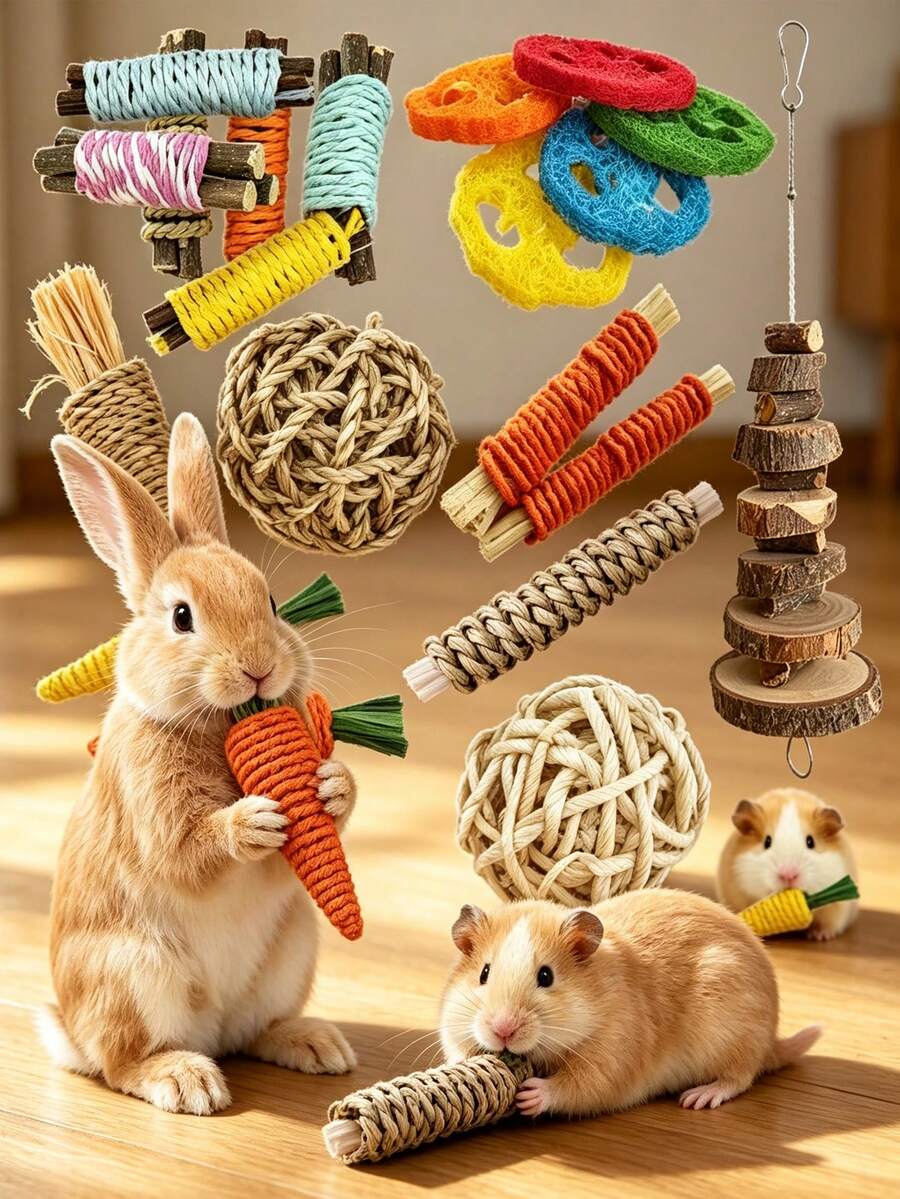 Happy Pet 兔子玩具/兔子/天竺鼠玩具，兔子咀嚼玩具，多件裝兔子玩具，手工咀嚼玩具，適用於天竺鼠、倉鼠、小型齧齒動物，生日禮物，節日禮物 14件/7件/3件套