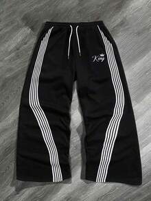 Men's Solid Black Wide Leg Sweatpants, White Drawstring Waist, LA Print Side Multi-Parallel Stripes, Loose Casual Streetwear Long Pants - Black - View 4