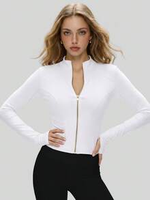 NcmRyu Women's 1pc Metal Zipper Small Stand Collar Thumb Hole Long Sleeve Slim Fit Sports Jacket - White - View 5
