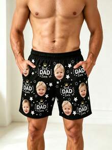 1件男士客製化臉部圖案與「Best Dad Ever」印花黑色休閒短褲，個性化舒適短褲，父親節禮物節日贈禮 - 彩色 - 查看 4