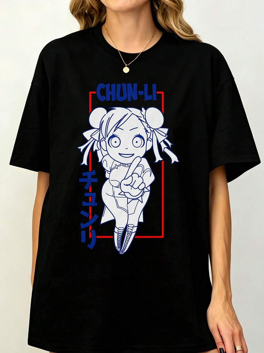 Streets Fighters Chun-Li Unisex Softstyle T-Shirt, Vintage Japanese Anime Comic Design, Retro Gaming Graphic Gift - 黑色 - 查看 1